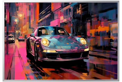 PRINTONIA Leinwand-bild 140x100cm Porsche 911 Carrera Turbo 4S GT3 Abstrakt Art Sportwagen Bilder Dekoration Wandbild Kunstdruck Automobil Deko Silber Aluminiumrahmen von PRINTONIA