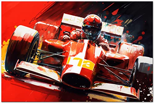 PRINTONIA Leinwandbild 120 x 80 cm Formel 1 F1 Rennwagen Rote Ferrari Automobil Bilder Rennszene Deko Dekoration Wandbild Kunstdruck von PRINTONIA