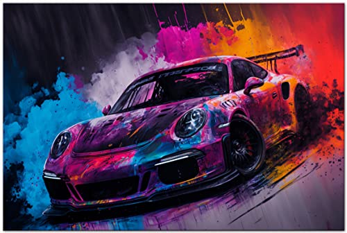 PRINTONIA Leinwandbild 120x80cm Porsche 911 GT3 Abstrakt Art Sportwagen Automobil Bilder Deko Dekoration Wandbild Kunstdruck von PRINTONIA