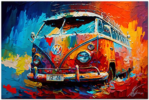 PRINTONIA Leinwandbild 120x80cm Volkswagen VW-Bus Bulli T1 Transporter Buli Oldtimer Abstrakt Grafik Art Automobil Bilder Deko Dekoration Wandbild Kunstdruck von PRINTONIA