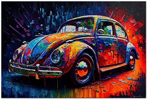 PRINTONIA Leinwandbild 120x80cm Volkswagen VW Käfer Oldtimer Abstrakt Grafik Art Automobil Bilder Deko Dekoration Wandbild Kunstdruck von PRINTONIA