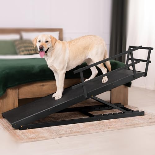 Hunderampe Bett mit Sicherheitsgeländer - Für Große Hunde bis zu 90 kg - Höhenverstellbare hundetreppe für Betten bis zu 94.5cm - Breite 49,5 cm - Klappbar - Anti-Rutsch-Griff - Birkenholz - Schwarz von PRIORPET