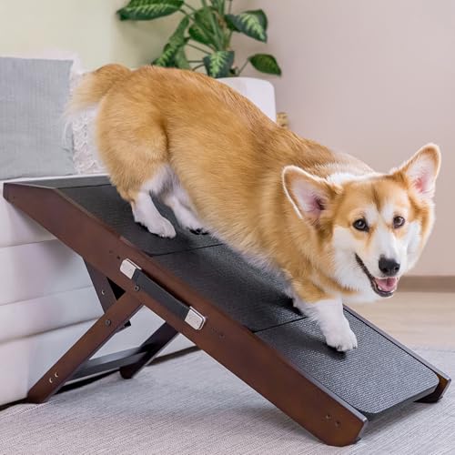 Hundetreppe für Bett & Sofa 2-in-1 Hundetreppe/Rampe - höhenverstellbare Hunderampe für Couch 18-50cm - Hundetreppe für kleine Hunde - leicht zu bewegen Haustiertreppe mit Absatzplattform, Walnuss von PRIORPET