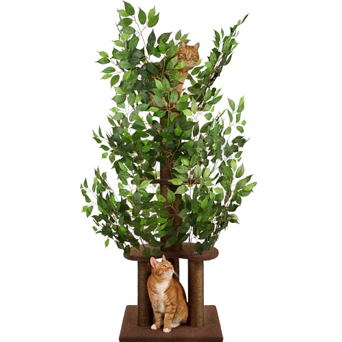 Kratzbaum mit Blättern – Stabiler & Platzsparender Katzenbaum – 4 kratzbare Ebenen & 3 Kratzsäulen – Klettern, Verstecken, Schlafen – Einfache Montage – Haustiersicherer & Langlebiger Cat Tree Natur von PRIORPET