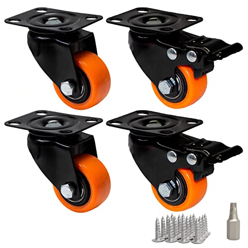 PRIOstahl 4er Set Möbelrollen 40mm Orange - Transportrollen mit Bremse - Schwerlastrollen bis 200kg pro Satz - Lenkrollen für Palettenmöbel Spurlos & Leise für viele Bodenbeläge für Werkzeugwagen von PRIOstahl