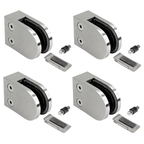PRIOstahl Glashalter 4 Stück Glasklemmen Klemmhalter Glashalter mit Sicherungsplatte + Sicherungsstift 63 x 45 x 30 mm Anschluss: Flach für Glas 10 mm aus Edelstahl V2A von PRIOstahl