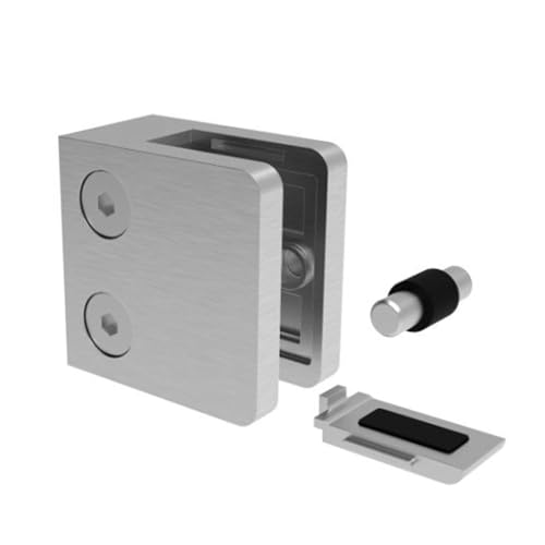 PRIOstahl Glashalter Glasklemmen Klemmhalter Glasplattenhalter - 1 Stück Größe: 45 x 45 x 26 mm mit Sicherungsstift & Sicherungsplatte Anschluss: Flach - für Glas 6 mm aus Edelstahl V2A von PRIOstahl