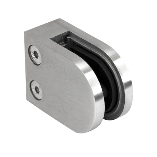 PRIOstahl Glashalter Glasklemmen Klemmhalter Glasplattenhalter - 1 Stück Größe: 63 x 45 x 26-28 mm mit Sicherungsstift Anschluss: Flach - für Glas 8 mm Geländerbau Sichtschutz aus Edelstahl V2A von PRIOstahl