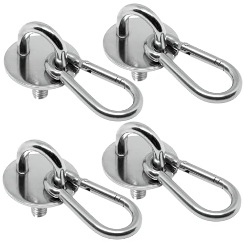PRIOstahl Ösenplatte Gewindeplatte - 4x Augplatte mit Gewindestift 40x23mm + 4x Karabiner 6x60mm Wandhaken Deckenhaken zum Aufhängen Befestigung für Sonnensegel Boxsack Rostfrei aus Edelstahl von PRIOstahl