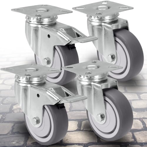 PRIOstahl Transportrollen mit Bremse klein 75mm Rollen für Möbel 4 Rollen Set - bis zu 60Kg pro Rad Möbelrollen Lenkrollen Gummi für Palettenmöbel Schrank Transportroller oder Transportboxen Rollbrett von PRIOstahl