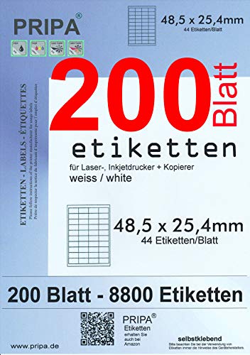 PRIPA - Amazon FBA Versand Etiketten 48,5 x 25,4 mm - 44 Stück auf A4, 200 Blatt DIN A4 selbstklebend = 8.800 Etiketten von pripa