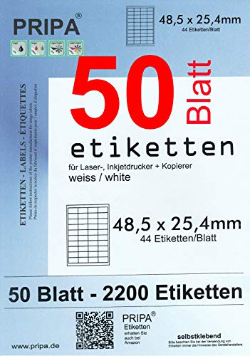 pripa - Amazon FBA Versand Etiketten 48,5 x 25,4 mm 44 Stueck auf A4-50 Blatt DIN A4 selbstklebende Etiketten = 2200 Etiketten pripa - Amazon FBA Versand Etiketten 48,5 x 25,4 mm 44 Stueck auf A4-50 Blatt DIN A4 selbstklebende Etiketten = 2200 Etiketten von pripa