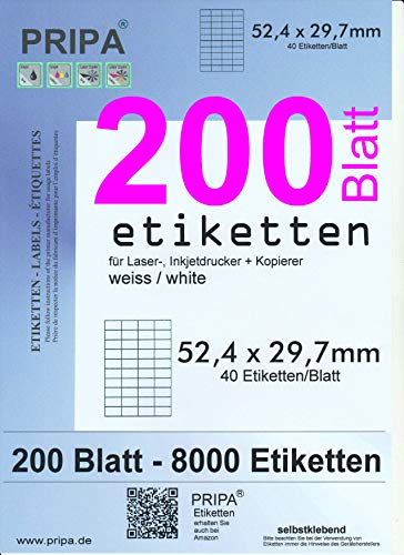 pripa - Amazon FBA Versand Etiketten 52,4 x 29,7 mm - 40 Stueck auf A4 200 Blatt DIN A4 selbstklebende Etiketten pripa - Amazon FBA Versand Etiketten 52,4 x 29,7 mm - 40 Stueck auf A4 200 Blatt DIN A4 selbstklebende Etiketten von pripa