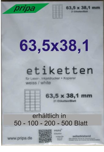 pripa - Amazon FBA Versand Etiketten 63,5 x 38,1 mm - abgerundete Ecken - 21 Stueck auf A4-500 Blatt DIN A4 selbstklebende Etiketten - DHL Post von pripa