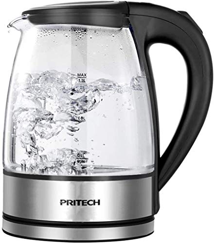 PRITECH Borosilikatglas Wasserkocher, 2200 Watt, 1,2 Liter, 360°-Sockel, Abschaltautomatik, Trockenlaufschutz, Kalkfilter, BPA frei, von PRITECH