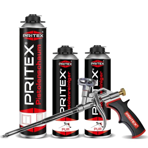 PRITEX – Bauschaum Set aus 1 x 750 ml Pistolenschaum inkl. 2 Pistolenreiniger 500 ml und Schaumpistole – Montageschaum zum Verfüllen, Dämmen & Abdichten – PU-Schaum mit hervorragender Wärmedämmung von PRITEX