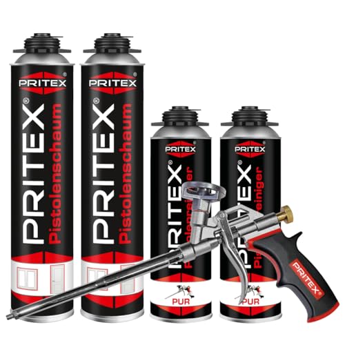 PRITEX – Bauschaum Set aus 2 x 750 ml Pistolenschaum inkl. 2 x 500 ml Pistolenreiniger und Schaumpistole – Montageschaum zum Verfüllen, Dämmen & Abdichten – PU-Schaum mit hervorragender Wärmedämmung von PRITEX