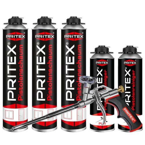 PRITEX – Bauschaum Set aus 3 x 750 ml Pistolenschaum inkl. 2 x 500 ml Pistolenreiniger und Bauschaumpistole – Montageschaum zum Verfüllen, Dämmen & Abdichten von PRITEX