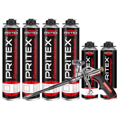 PRITEX – Bauschaum Set aus 4 x 750 ml Pistolenschaum inkl. 2 x 500 ml Pistolenreiniger und Schaumpistole – Montageschaum zum Verfüllen, Dämmen & Abdichten – PU-Schaum mit hervorragender Wärmedämmung von PRITEX