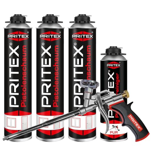 PRITEX – Bauschaum Set 3 x 750 ml Pistolenschaum inkl. Pistolenreiniger 500 ml und Schaumpistole – Montageschaum zum Verfüllen, Dämmen & Abdichten – PU-Schaum mit hervorragender Schall- & Wärmedämmung von PRITEX