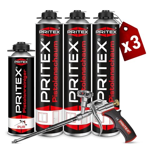 PRITEX – Bauschaum Set 3 x 750 ml Pistolenschaum inkl. Pistolenreiniger 500 ml und Schaumpistole – Montageschaum zum Verfüllen, Dämmen & Abdichten – PU-Schaum mit hervorragender Schall- & Wärmedämmung von PRITEX
