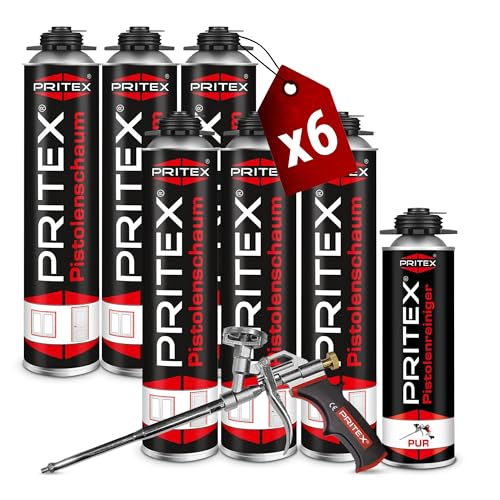PRITEX – Bauschaum Set 6 x 750 ml Pistolenschaum inkl. Pistolenreiniger 500 ml und Schaumpistole – Montageschaum zum Verfüllen, Dämmen & Abdichten – PU-Schaum mit hervorragender Schall- & Wärmedämmung von PRITEX