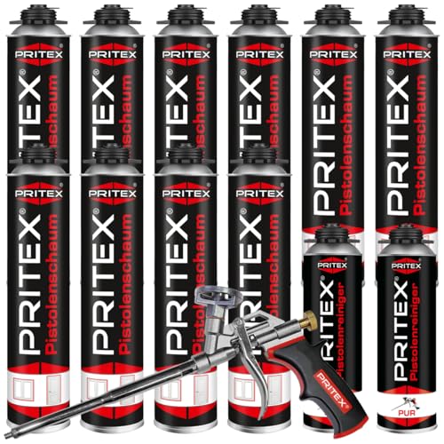 Pistolenschaum Set 10 x 750ml PU Schaum inkl. Schaumpistole + 2 Pistolenreiniger 500ml Bauschaum Montageschaum Pistolenschaum Set 10 x 750ml PU Schaum inkl. Schaumpistole + 2 Pistolenreiniger 500ml Bauschaum Montageschaum von PRITEX