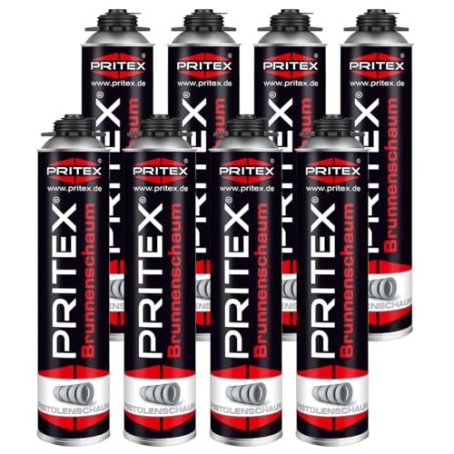 PRITEX – Brunnenschaum 8 x 750 ml zur Montage von Brunnenschachtringen & Rohrelementen – Pistolenschaum mit sehr guter Haftung & hoher Beständigkeit – Bauschaum für Montagepistole von PRITEX