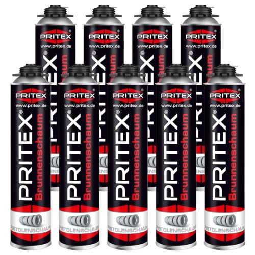 PRITEX – Brunnenschaum 9 x 750 ml zur Montage von Brunnenschachtringen & Rohrelementen – Pistolenschaum mit sehr guter Haftung & hoher Beständigkeit – Bauschaum für Montagepistole von PRITEX