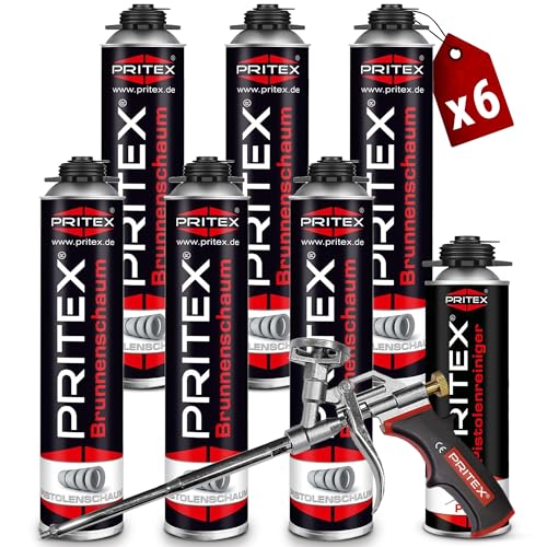 PRITEX – Brunnenschaum Set aus 6 x 750 ml Pistolenschaum inkl. Pistolenreiniger 500 ml und Bauschaumpistole – Bauschaum zur Montage von Brunnenschachtringen & Rohrelementen von PRITEX
