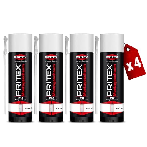 PRITEX – 2K Montageschaum 4 x 400 ml inkl. Aussprührohr – Bauschaum zum Verfüllen, Dämmen & Abdichten – Zargenschaum zur Montage von Türzargen, Fensterrahmen & Holztürfuttern von PRITEX