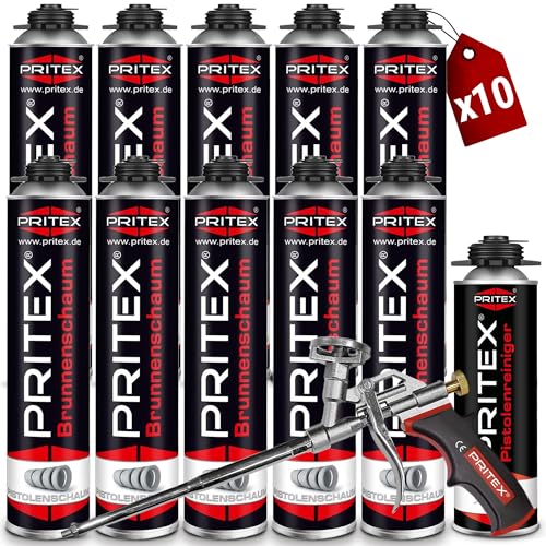 PRITEX – Brunnenschaum Set aus 10 x 750 ml Pistolenschaum inkl. 500 ml Pistolenreiniger und Schaumpistole – Bauschaum zur Montage von Brunnenschachtringen & Rohrelementen PRITEX – Brunnenschaum Set aus 10 x 750 ml Pistolenschaum inkl. 500 ml Pistolenreiniger und Schaumpistole – Bauschaum zur Montage von Brunnenschachtringen & Rohrelementen von PRITEX