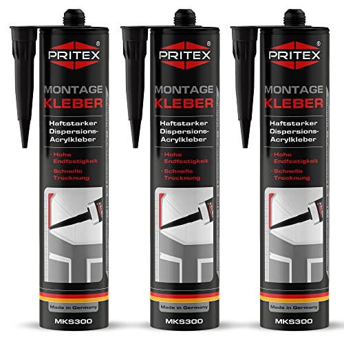 PRITEX – Profi Montagekleber Weiß 3x 300 ml – Baukleber für Holz-Paneele, Kabelkanäle, Sockelleisten, Styropor, Fliesen, Beton uvm. – haftstarker Universalkleber auf Acrylatdispersion-Basis für innen von PRITEX