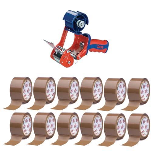 PRITEX - Packband Braun 48 mm x 66 m Klebeband 12 Rollen inkl. Handabroller tesa 6400 COMFORT - Hochwertiger, robuster Abroller für Paketbänder - Profi-Qualität von PRITEX