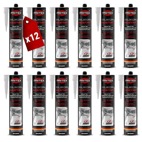 PRITEX – Sanitär Silikon weiß 12x 300 ml zum Abdichten & Verfugen – Acetat für Bad, Dusche & WC – wasserdicht, langlebig & schimmelresistent – Fugendichtmasse mit sehr guter Haftung von PRITEX