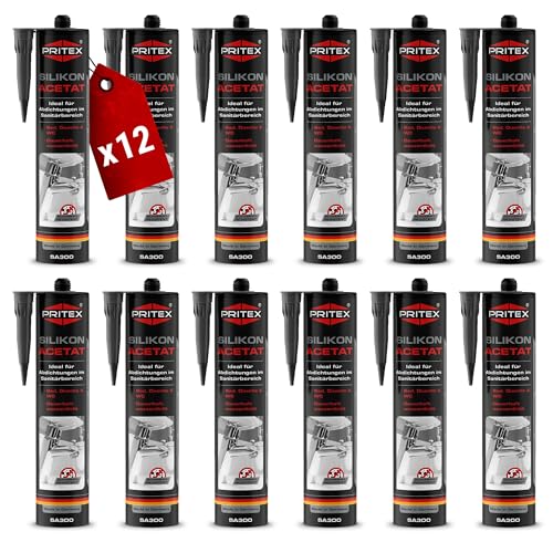 PRITEX – Sanitär Silikon anthrazit 12x 300 ml zum Abdichten & Verfugen – Acetat für Bad, Dusche & WC – wasserdicht, langlebig & schimmelresistent – Fugendichtmasse mit sehr guter Haftung von PRITEX