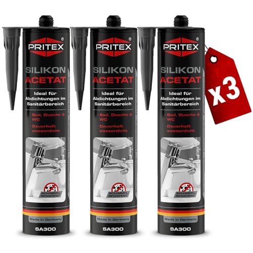 PRITEX – Sanitär Silikon anthrazit 3x 300 ml zum Abdichten & Verfugen – Acetat für Bad, Dusche & WC – wasserdicht, langlebig & schimmelresistent – Fugendichtmasse mit sehr guter Haftung von PRITEX