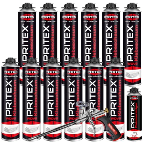 PRITEX - WDVS Klebeschaum Mega Set 12 x 750 ml inkl. Schaumpistole und Reiniger zum Isolieren, Fixieren & Befestigen /// Bauschaum Dämmstoffkleber mit sehr guter Haftung von PRITEX