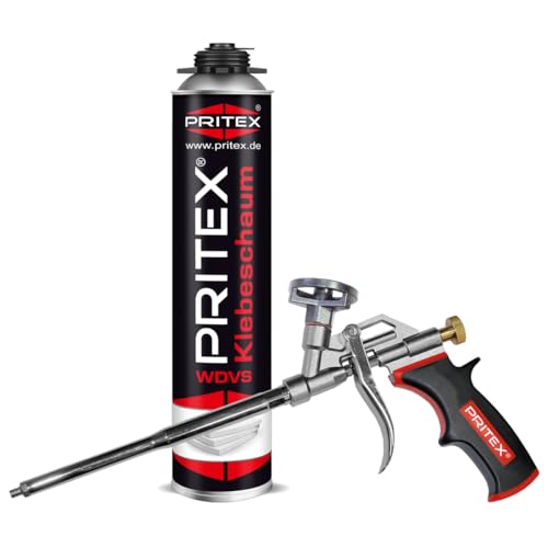 PRITEX – WDVS Klebeschaum Set 1 x 750 ml inkl. Schaumpistole zum Isolieren, Fixieren & Befestigen – Dämmstoffkleber mit sehr guter Haftung, geringer Nachdehnung von PRITEX