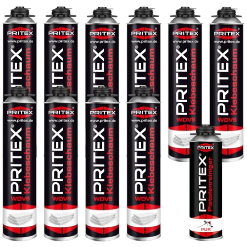 PRITEX – WDVS Klebeschaum Set 10 x 750 ml inkl. Pistolenreiniger zum Isolieren, Fixieren & Befestigen /// Isolierschaum Dämmstoffkleber mit sehr guter Haftung, geringer Nachdehnung von PRITEX