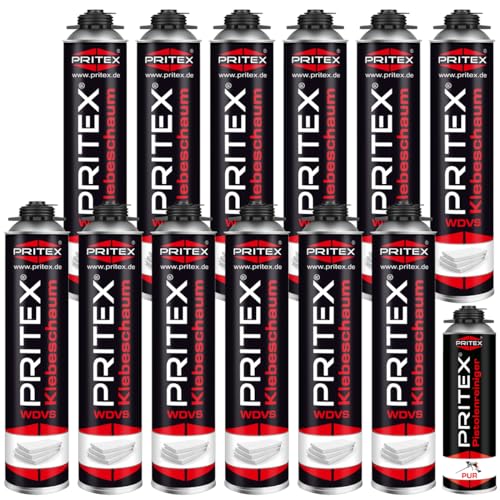 PRITEX – WDVS Klebeschaum Set 12 x 750 ml inkl. Reiniger zum Isolieren, Fixieren & Befestigen /// Bauschaum Dämmstoffkleber mit sehr guter Haftung, niedrigem Aushärtedruck & geringer Nachdehnung von PRITEX