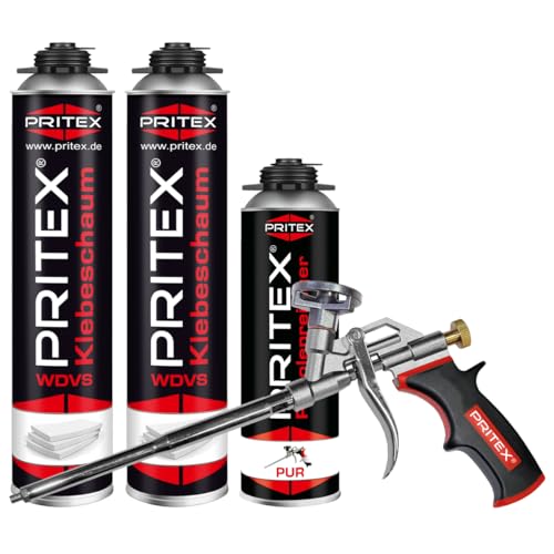 PRITEX - WDVS Klebeschaum Set 2 x 750 ml inkl. Schaumpistole und Reiniger zum Isolieren, Fixieren & Befestigen – Isolierschaum Dämmstoffkleber mit sehr guter Haftung von PRITEX