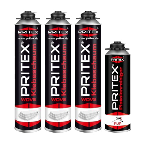 PRITEX – WDVS Klebeschaum Set 3 x 750 ml inkl. Reiniger zum Isolieren, Fixieren & Befestigen – Pistolenschaum Dämmstoffkleber mit sehr guter Haftung, niedrigem Aushärtedruck & geringer Nachdehnung von PRITEX