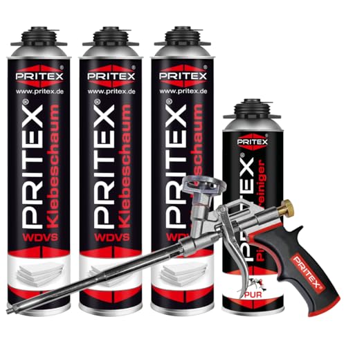 PRITEX - WDVS Klebeschaum Set 3 x 750 ml inkl. Schaumpistole und Reiniger zum Isolieren, Fixieren & Befestigen – Bauschaum Dämmstoffkleber mit sehr guter Haftung von PRITEX