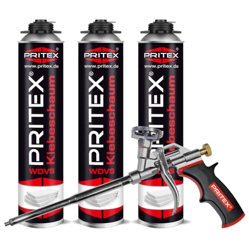 PRITEX – WDVS Klebeschaum Set 3 x 750 ml inkl. Schaumpistole zum Isolieren, Fixieren & Befestigen – Bauschaum Dämmstoffkleber mit sehr guter Haftung, geringer Nachdehnung von PRITEX