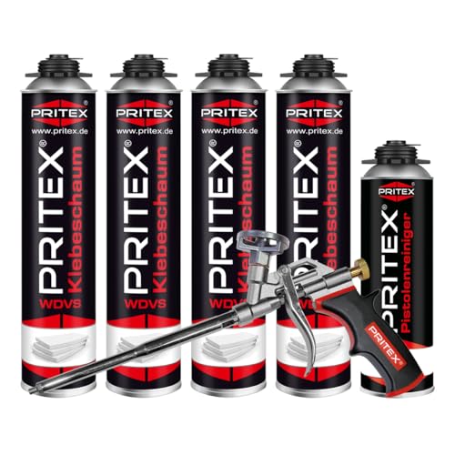 PRITEX - WDVS Klebeschaum Set 4 x 750 ml inkl. Schaumpistole und Reiniger zum Isolieren, Fixieren & Befestigen – Montageschaum Dämmstoffkleber mit sehr guter Haftung von PRITEX