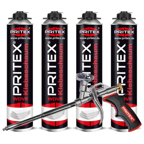 PRITEX – WDVS Klebeschaum Set 4 x 750 ml inkl. Schaumpistole zum Isolieren, Fixieren & Befestigen – Montageschaum Dämmstoffkleber mit sehr guter Haftung, geringer Nachdehnung von PRITEX