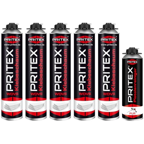 PRITEX – WDVS Klebeschaum Set 5 x 750 ml inkl. Reiniger zum Isolieren, Fixieren & Befestigen – Isolierschaum Dämmstoffkleber mit sehr guter Haftung, niedrigem Aushärtedruck & geringer Nachdehnung von PRITEX