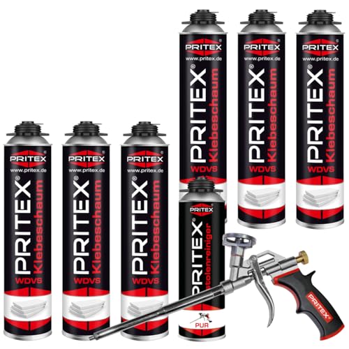 PRITEX - WDVS Klebeschaum Set 6 x 750 ml inkl. Schaumpistole und Pistolenreiniger zum Isolieren, Fixieren & Befestigen – Bauschaum Dämmstoffkleber mit sehr guter Haftung von PRITEX