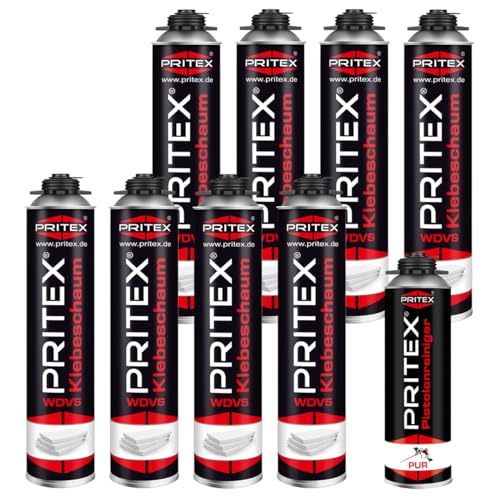 PRITEX – WDVS Klebeschaum Set 8 x 750 ml inkl. Reiniger zum Isolieren, Fixieren & Befestigen /// Dämmstoffkleber Bauschaum mit sehr guter Haftung, niedrigem Aushärtedruck von PRITEX